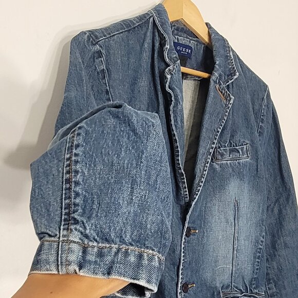 Guess Vintage Blue 100% Cotton Button Front Distressed Denim Blazer Jacket Large - Picture 5 of 12